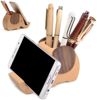 Smartphone holder and pen holder in wood in the shape of an elephant 20